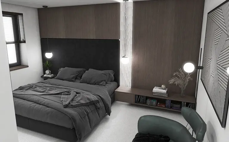 Wnętrze sypialni w stylu industrialnym, minimalistycznym i nowoczesnym z ciemnym łóżkiem.