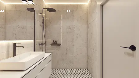 Wnętrze łazienki z nowoczesnymi akcentami, eklektycznymi detalami oraz współczesnym designem.