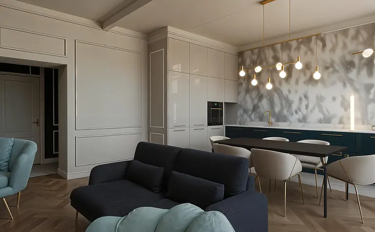 Wnętrze kuchni w stylu art deco i nowoczesnym z beżowymi meblami.