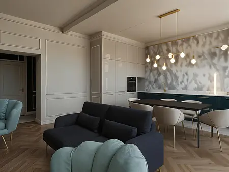 Wnętrze kuchni w stylu art deco i nowoczesnym z beżowymi meblami.