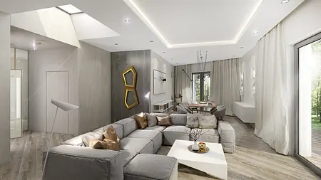 Wnętrze salonu minimalistycznego z szarymi meblami, naturalnym światłem i drewnianymi detalami.
