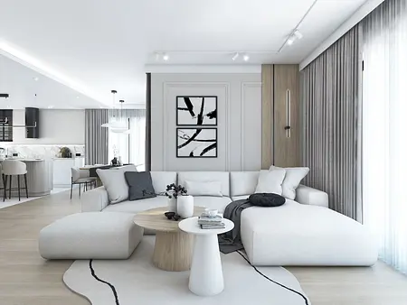 Wnętrze salonu w stylu japandi i minimalistycznym z nowoczesnymi meblami.