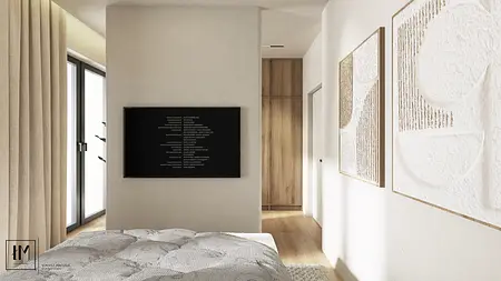 Sypialnia w stylu japandi z jasnymi ścianami i drewnianymi elementami
