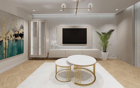 Wnętrze salonu z białymi meblami, złotymi akcentami i roślinami, styl boho, japandi, nowoczesny, współczesny.