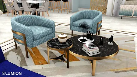 Wnętrze salonu w stylu art deco i nowoczesnym z niebieskimi fotelami i czarnym stolikiem.