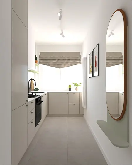 Kuchnia w stylu dopamine decor z eklektycznymi akcentami i nowoczesnymi meblami.