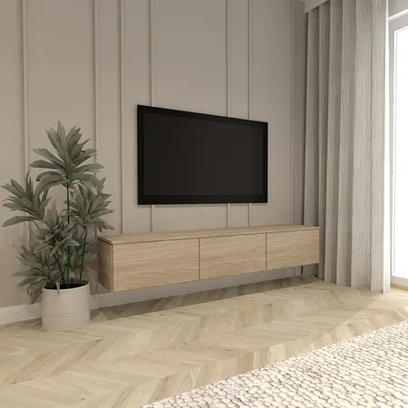 Wnętrze salonu w stylu japandi i skandynawskim z telewizorem i rośliną