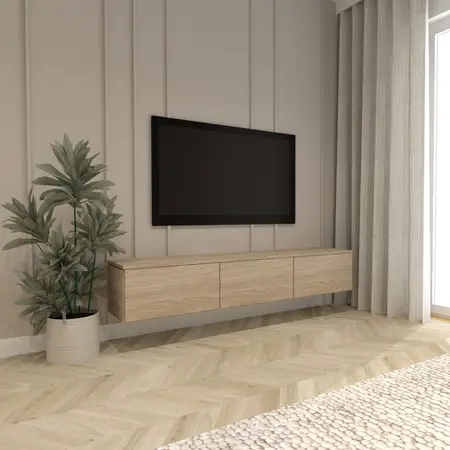 Wnętrze salonu w stylu japandi i skandynawskim z telewizorem i rośliną