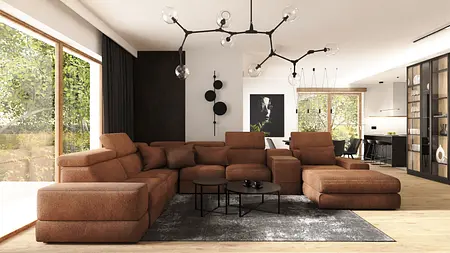 Wnętrze salonu z brązową sofą, industrialnymi i nowoczesnymi detalami.