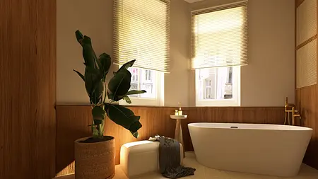Wnętrze łazienki z białą wanną, drewnianymi elementami i roślinnością, styl vintage.