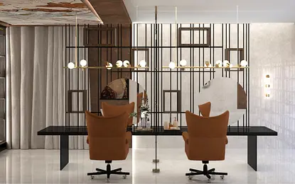 Wnętrze biura w stylu art deco z brązowymi krzesłami, czarnym biurkiem i dekoracyjnymi elementami.
