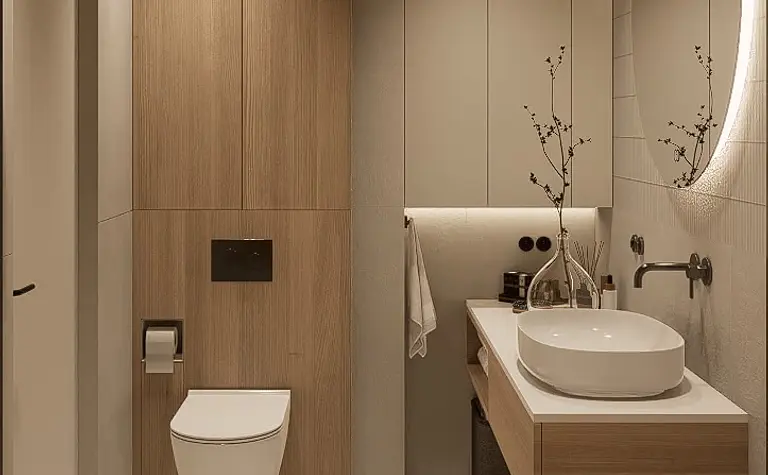 Minimalistyczna łazienka w stylu soft minimalizm z drewnem i nowoczesną umywalką.