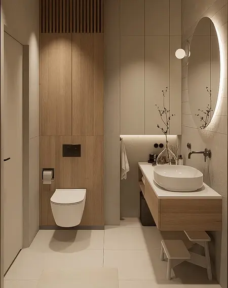 Minimalistyczna łazienka w stylu soft minimalizm z drewnem i nowoczesną umywalką.