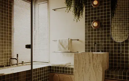 Wnętrze łazienki z ciemnymi płytkami, drewnianym blatem, minimalistycznym i vintage designem.