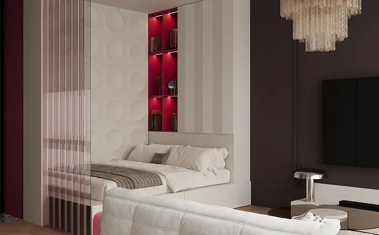 Wnętrze sypialni z białym łóżkiem, różowymi detalami i eleganckim oświetleniem.