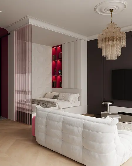 Wnętrze sypialni z białym łóżkiem, różowymi detalami i eleganckim oświetleniem.