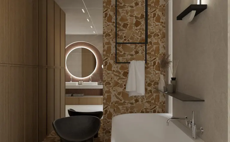 Nowoczesna łazienka boho z drewnem, minimalistyczna i japandi.