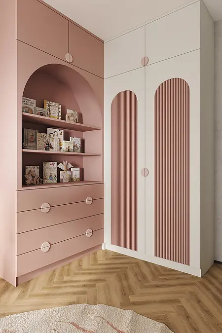 Garderoba w stylu industrialnym z różowymi meblami, minimalistycznymi półkami i drewnianą podłogą.