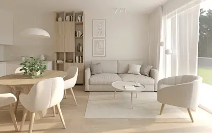 Salon w stylu soft minimalizm z jasnymi meblami i drewnianymi akcentami.