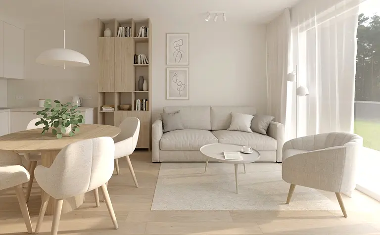 Salon w stylu soft minimalizm z jasnymi meblami i drewnianymi akcentami.