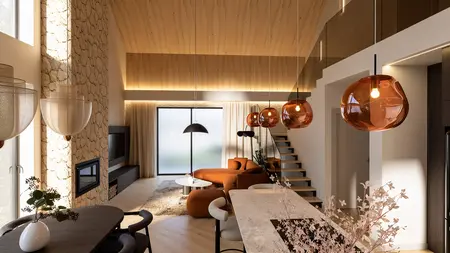 Salon z pomarańczową sofą i kamienną ścianą, szklane lampy, styl eklektyczny, wnętrze z drewnem
