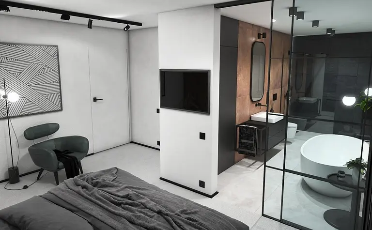 Sypialnia w stylu industrialnym i minimalistycznym z białą łazienką.