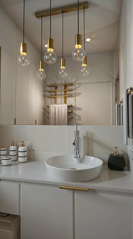 Nowoczesna łazienka z białą umywalką, złotymi lampami, styl art deco, vintage i tradycyjny.