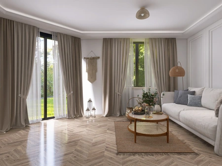 Wnętrze salonu w stylu prowansalskim z jasnymi zasłonami i roślinnymi detalami.
