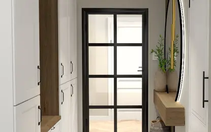 Przedpokój w stylu boho i eklektycznym z białymi meblami i drewnianymi detalami.