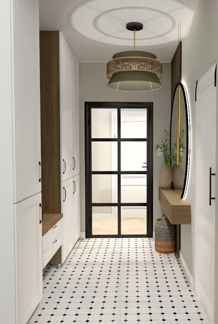 Przedpokój w stylu boho i eklektycznym z białymi meblami i drewnianymi detalami.