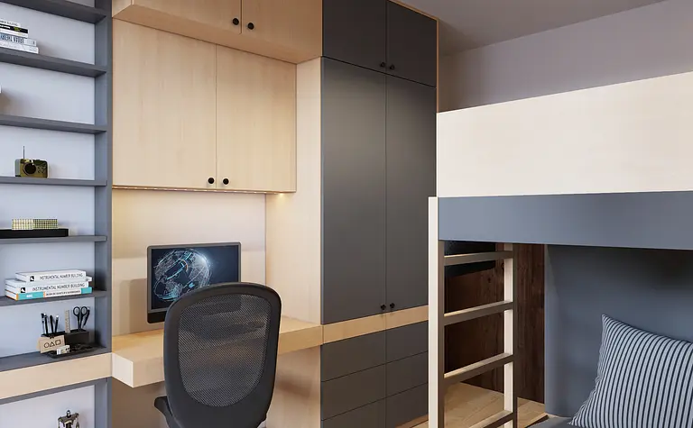 Wnętrze pokoju z biurkiem, szafkami oraz łóżkiem piętrowym w stylu minimalistycznym.