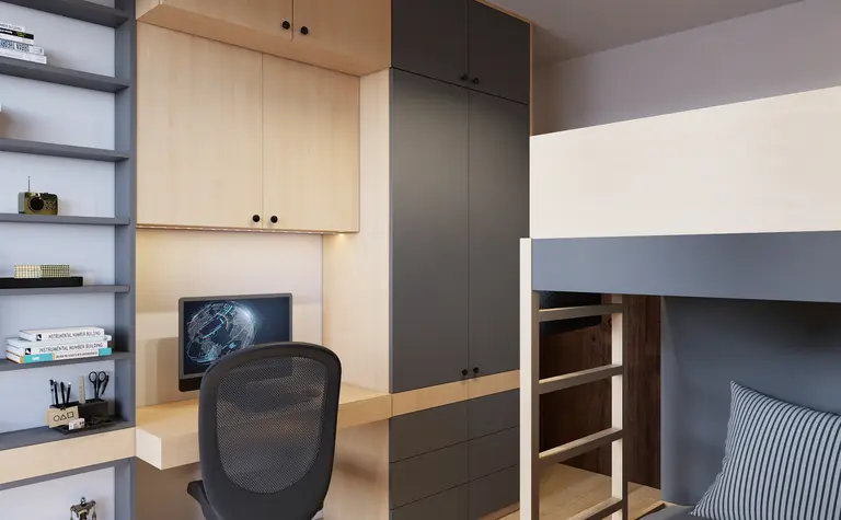 Wnętrze pokoju z biurkiem, szafkami oraz łóżkiem piętrowym w stylu minimalistycznym.