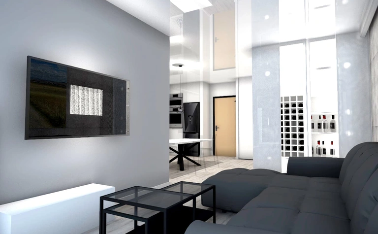 Wnętrze salonu w stylu industrialnym i minimalistycznym z szarymi meblami.