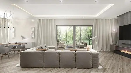 Nowoczesny salon z minimalistycznym wystrojem, jasnymi meblami, drewnianą podłogą i dużymi oknami.