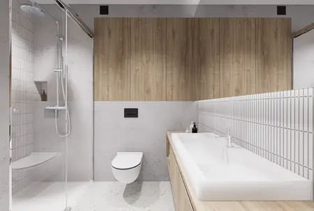 Łazienka z minimalistycznym designem, betonowymi i drewnianymi elementami.