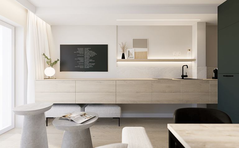 Wnętrze kuchni z minimalistycznym designem, drewnianymi meblami i nowoczesnymi akcesoriami.