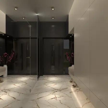 Przedpokój z marmurową podłogą w stylu glamour i nowoczesnym, z ciemnymi akcentami.