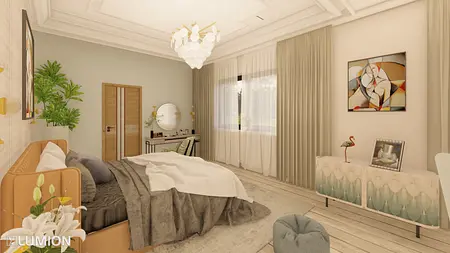 Wnętrze sypialni z art deco i nowoczesnymi detalami, beżowe i drewniane elementy.
