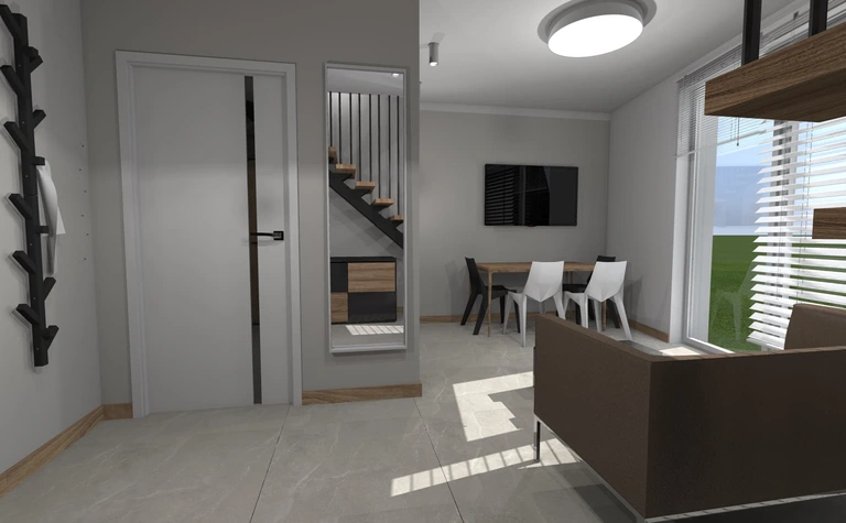 Wnętrze z jadalnią, szaro-białymi ścianami, nowoczesnymi meblami, minimalizm, dopamina decor.