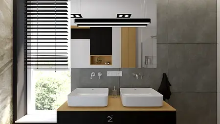 Wnętrze łazienki z białymi umywalkami na drewnianym blacie, minimalistyczne i nowoczesne.