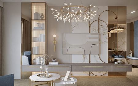 Współczesny salon z szarymi meblami, białymi akcentami i eleganckim oświetleniem.