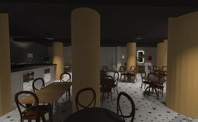 Eklektyczne wnętrze restauracji z drewnianymi stołami i żółtymi filarami.