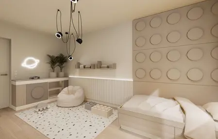 Pokój dziecięcy w stylu minimalistycznym z jasnymi meblami i nowoczesnym oświetleniem.