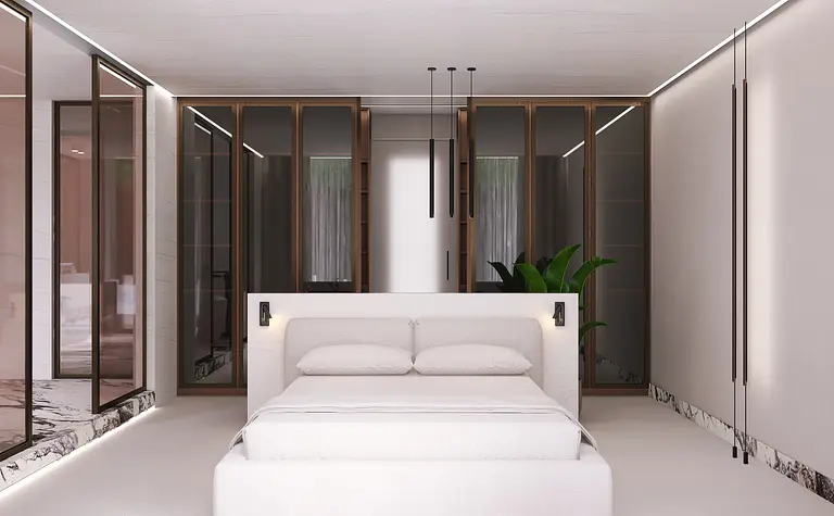 Wnętrze sypialni z białym łóżkiem i drewnianymi szafami, styl nowoczesny, quiet luxury, współczesny.