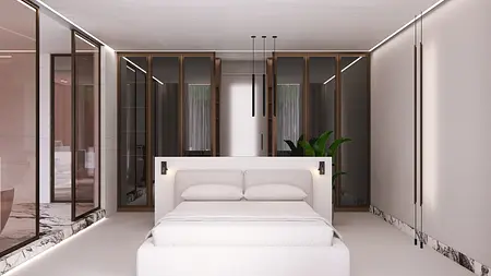 Wnętrze sypialni z białym łóżkiem i drewnianymi szafami, styl nowoczesny, quiet luxury, współczesny.