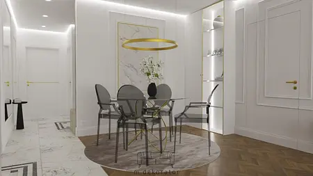 Jadalnia w stylu glamour z okrągłym stołem i przezroczystymi krzesłami.