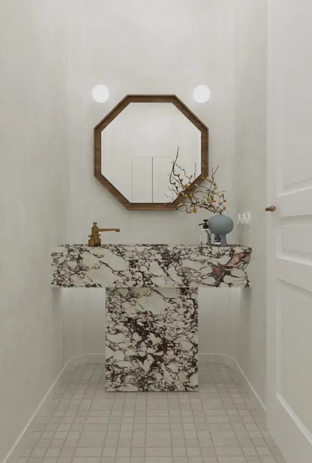 Wnętrze łazienki z marmurową umywalką, lustrem i minimalistycznymi dodatkami, art deco, minimaluxe, quiet luxury.