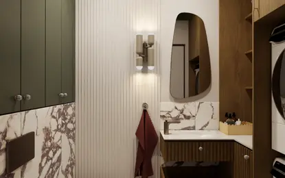 Wnętrze łazienki w stylu art deco z eklektycznymi elementami.