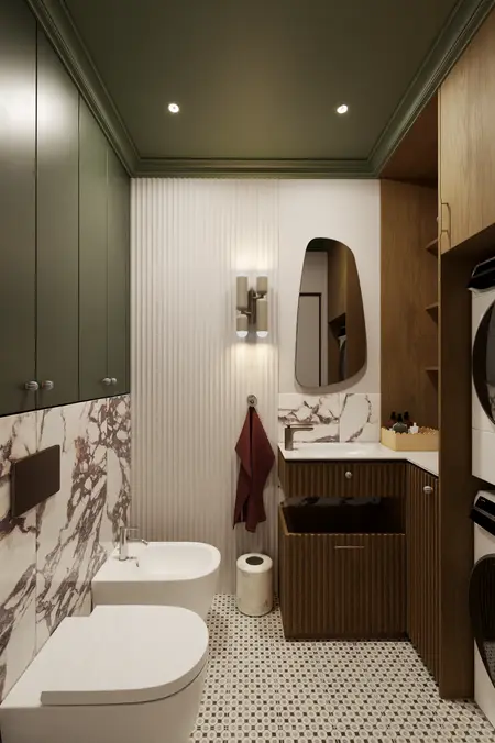 Wnętrze łazienki w stylu art deco z eklektycznymi elementami.