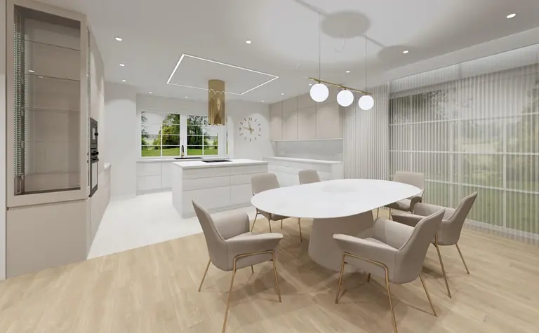 Nowoczesna kuchnia z białymi meblami, drewnianym stołem i dużymi oknami, styl glamour.